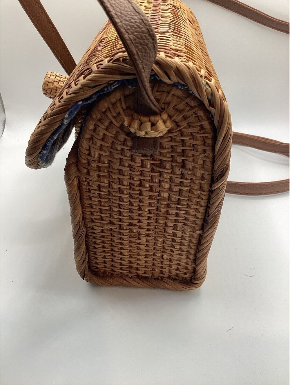 Modcloth Cute Handmade Hard Body Woven Bag Purse Tan Faux Leather Strap B7 - Picture 7 of 8